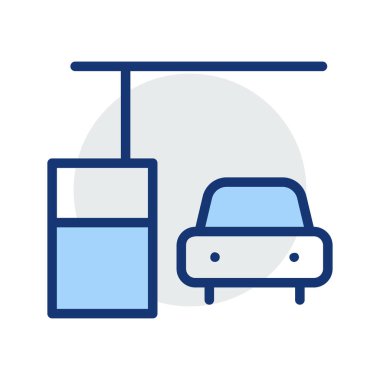 Beyaz arka plan üzerinde izole mavi ve gri renklerde araba ile güç istasyonu