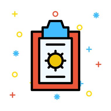 Kırmızı ve mavi renkli semboller beyaz zemin üzerine sarı güneşin kurula