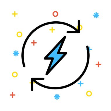 Mavi renkli semboller ile beyaz arka plan üzerinde flaş oklarla daire