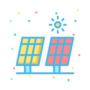 Sarı ve kırmızı güneş panelleri ile renkli noktalar ile beyaz arka plan üzerinde güneş 