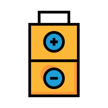 Sarı ve mavi akümülatör ile artı ve eksi beyaz arka plan üzerinde izole sembolleri