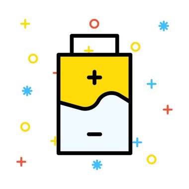 Renkli semboller ile beyaz arka plan üzerinde küçük bir pil ile artı ve eksi işaretleri