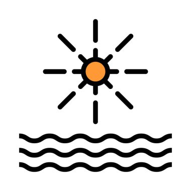 Beyaz arka plan üzerinde izole dalgalı su ile sarı parlayan güneş