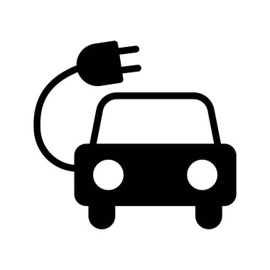 Beyaz arka plan üzerinde izole glif elektrikli otomobil