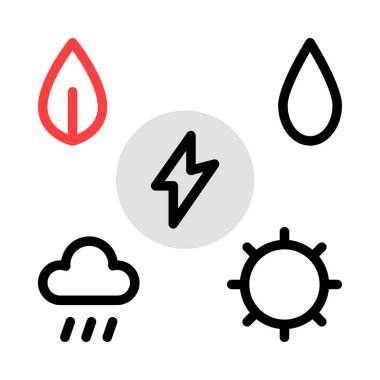 Beyaz arka plan üzerinde izole gri, kırmızı ve siyah renklerde enerji işaretleri