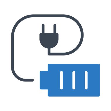 çizgi ve beyaz arka plan üzerinde izole mavi ve gri renklerde fiş ile pil 