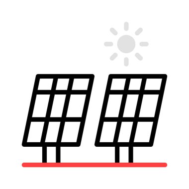 Büyük güneş panelleri güneş beyaz arka plan üzerinde izole kırmızı, gri ve siyah renkler ile