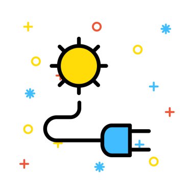 Renkli semboller beyaz zemin üzerine mavi fiş ile sarı güneş