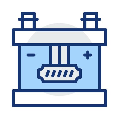 Büyük pil ile artı ve eksi beyaz arka plan üzerinde izole mavi ve gri renklerde semboller