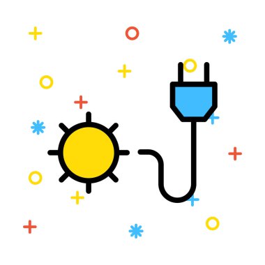 Renkli semboller beyaz zemin üzerine mavi fiş ile sarı güneş