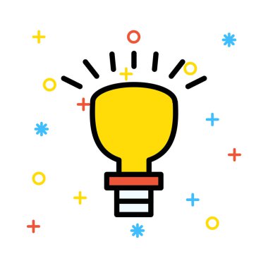 Renkli semboller beyaz zemin üzerine sarı parlayan ampul