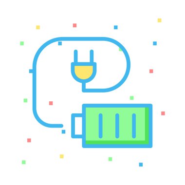 Renkli noktalar ile beyaz arka plan üzerinde fiş ile yeşil pil