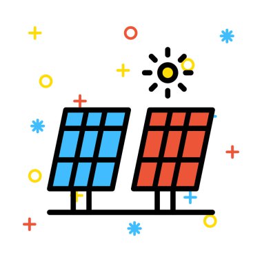 Mavi ve kırmızı güneş pilleri güneş renkli semboller ile beyaz arka plan üzerinde