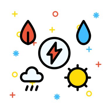 Beyaz arka plan üzerinde enerji sembollerle renkli semboller