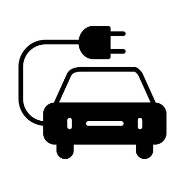 Beyaz arka plan üzerinde izole glif elektrikli otomobil