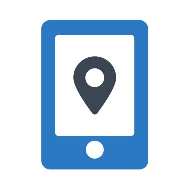 tablet PC simgesiyle harita poinet işareti düz beyaz arka plan üzerinde izole mavi ve gri renklerde