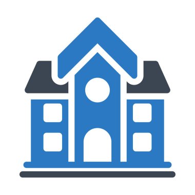 Okul düz simgesi beyaz arka plan üzerinde izole mavi ve gri renklerde