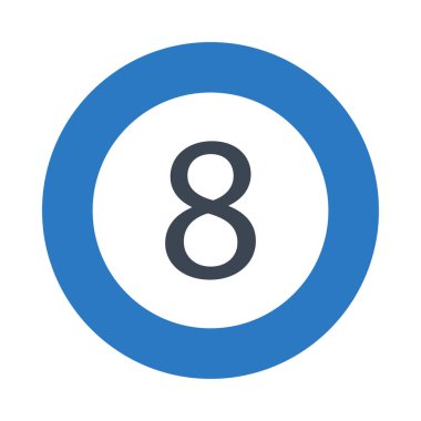 Sekiz numara düz simgesi beyaz arka plan üzerinde izole mavi ve gri renklerde topla