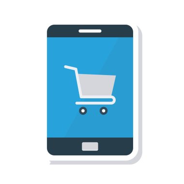 alışveriş sepeti simgesine tablet ekran düz beyaz arka plan üzerinde izole mavi ve gri renklerde