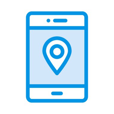 Smartphone perde ile harita işaretçi düz simgesi beyaz arka plan, vektör, illüstrasyon izole