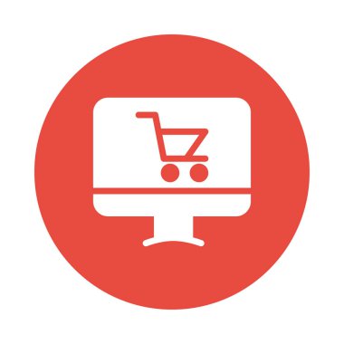 alışveriş sepeti bilgisayar ekran düz simgesini izole beyaz arka plan, vektör, illüstrasyon, E ticaret kavramı