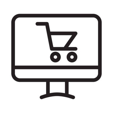 alışveriş sepeti bilgisayar ekran düz simgesini izole beyaz arka plan, vektör, illüstrasyon, E ticaret kavramı