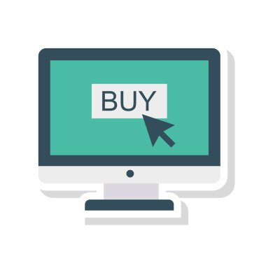 Beyaz arka plan, vektör, illüstrasyon izole online satın al düğmesi ve imleç düz simgesi olan bilgisayar ekranı