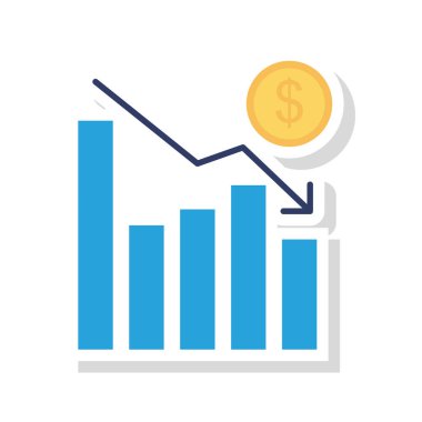 Beyaz arka plan, vektör, illüstrasyon izole azalma ok ve doları para düz simgesi olan diyagramı
