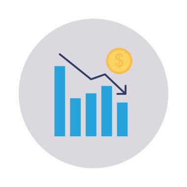 Beyaz arka plan, vektör, illüstrasyon izole azalma ok ve doları para düz simgesi olan diyagramı