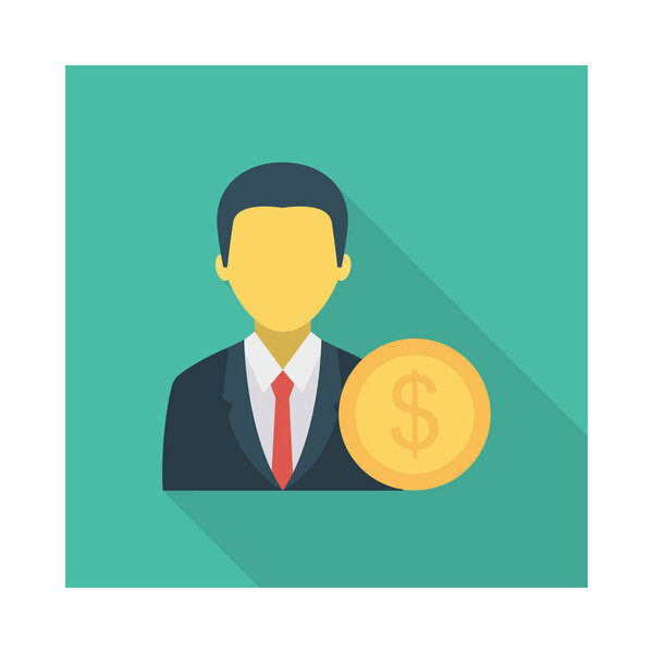 работник с плоской иконкой монеты доллара изолирован на белом фоне, вектор, иллюстрация
