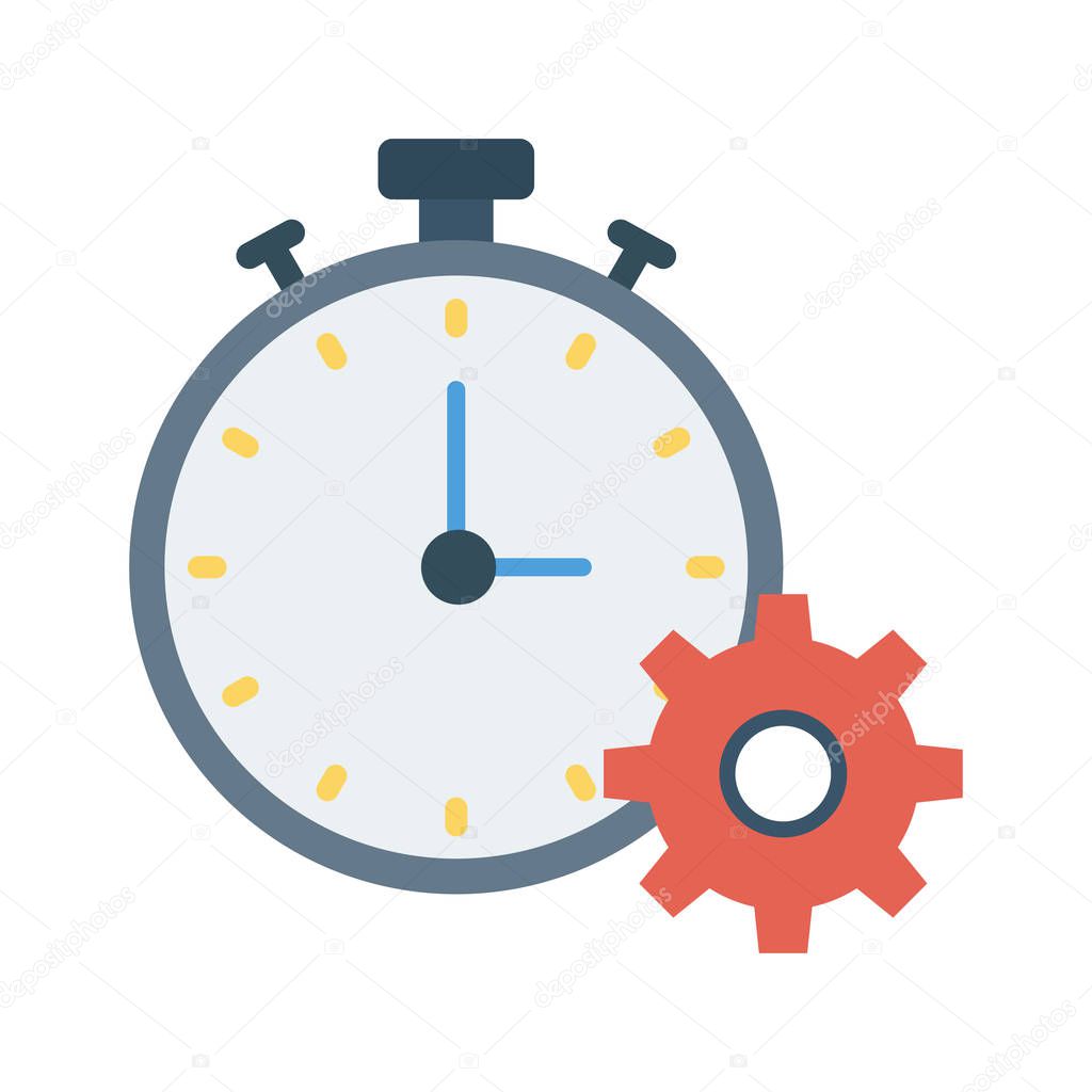 stopwatch with gear flat icon isolated on white background, vector, illustration, setting concept 