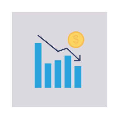 Beyaz arka plan, vektör, illüstrasyon izole azalma ok ve doları para düz simgesi olan diyagramı