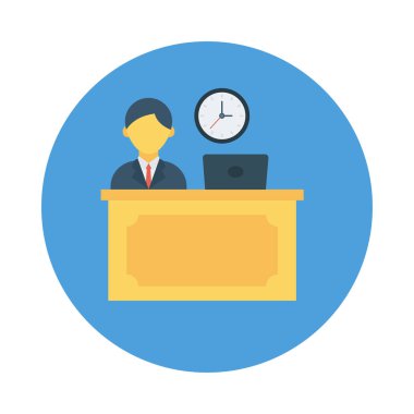 ofis çalışanı, Resepsiyon masası düz simgesi beyaz arka plan, vektör, illüstrasyon izole