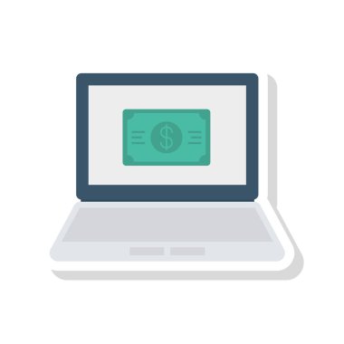 laptop ekran düz simgesini izole beyaz arka plan, vektör, illüstrasyon, doları banknot ile ödeme online kavramı 