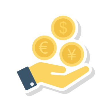 altın sikke düz simgesi izole beyaz arka plan, vektör, illüstrasyon, yatırım kavramı ile el 