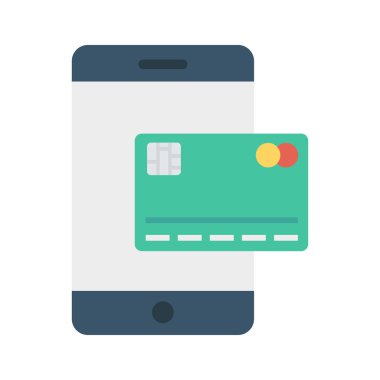 kredi kartı ile smartphone ekran düz simgesini izole beyaz arka plan, vektör, illüstrasyon, online ödeme kavramı 