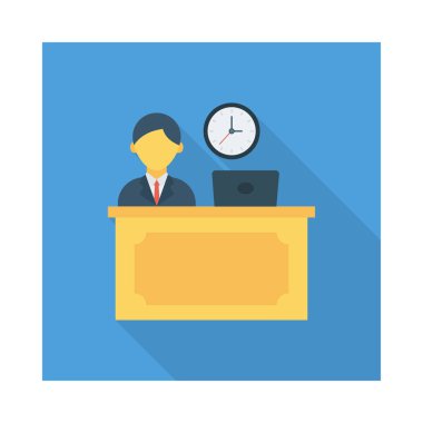 ofis çalışanı, Resepsiyon masası düz simgesi beyaz arka plan, vektör, illüstrasyon izole