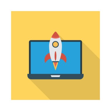 başlangıç roket düz simgesi beyaz arka plan, vektör, illüstrasyon izole ile dizüstü bilgisayar