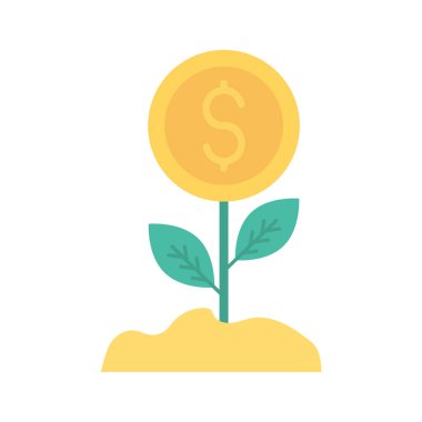 Doları para düz simgesi izole beyaz arka plan, vektör, illüstrasyon, büyüme para kavramı ile çiçek 