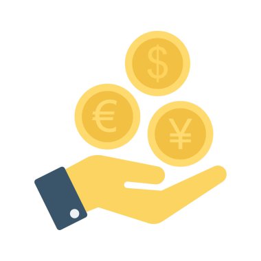 altın sikke düz simgesi izole beyaz arka plan, vektör, illüstrasyon, yatırım kavramı ile el 