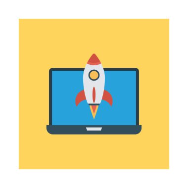başlangıç roket düz simgesi beyaz arka plan, vektör, illüstrasyon izole ile dizüstü bilgisayar