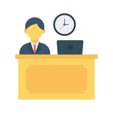 ofis çalışanı, Resepsiyon masası düz simgesi beyaz arka plan, vektör, illüstrasyon izole