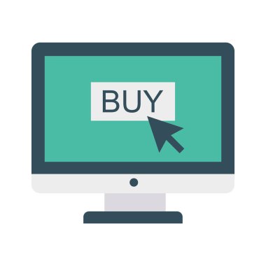 Beyaz arka plan, vektör, illüstrasyon izole online satın al düğmesi ve imleç düz simgesi olan bilgisayar ekranı