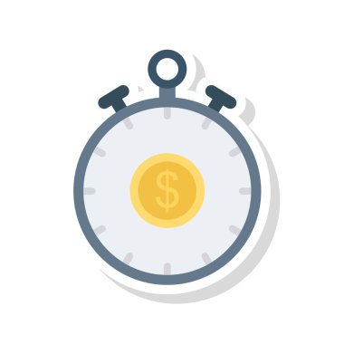 Doları para düz simgesi izole beyaz arka plan, vektör, illüstrasyon, para kavramı ile kronometre 