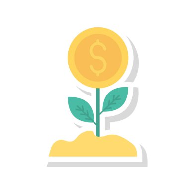 Doları para düz simgesi izole beyaz arka plan, vektör, illüstrasyon, büyüme para kavramı ile çiçek 