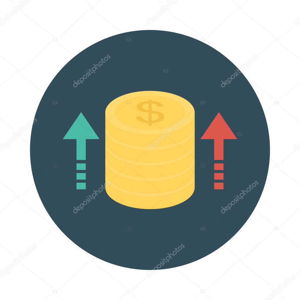 growth arrows with stack of dollar coins flat icon isolated on white background, vector, illustration, earning  money concept 