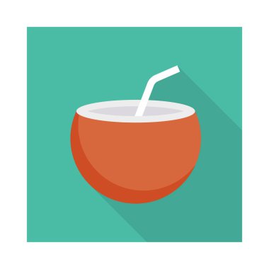 Hindistan cevizi içkiyle saman düz simgesi, vektör, illüstrasyon