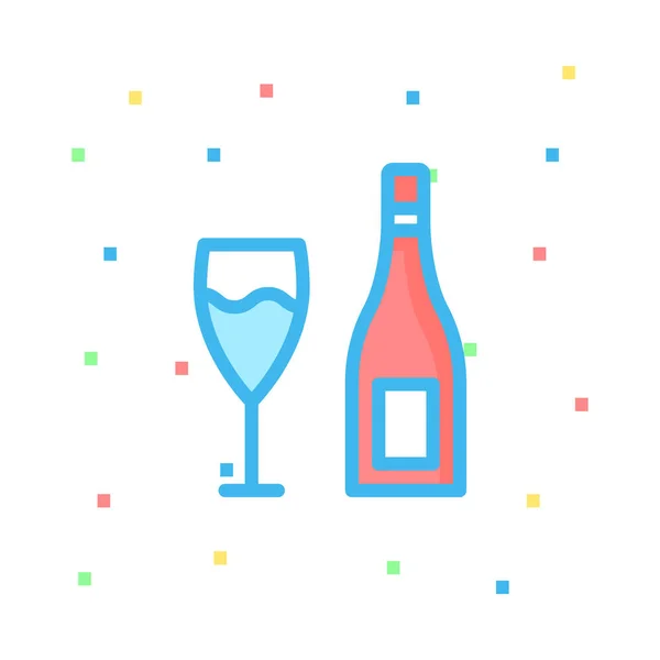Champagne Bottle Wineglass Flat Style Icon Vector Illustration — Stock Vector