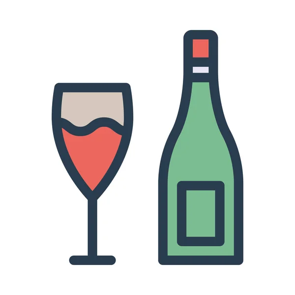 香槟酒瓶与葡萄酒杯平面风格图标 矢量插图 — 图库矢量图片