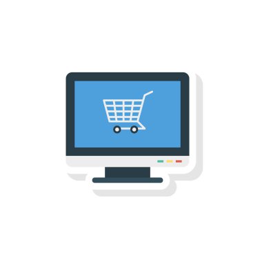 alışveriş sepeti düz stil ikonu, vektör çizim, E ticaret kavramı ile ekran  